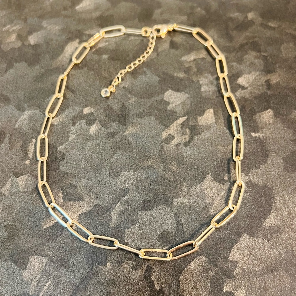 Yellow Gold Tone Paper Clip Paperclip Link Chain Necklace Short Choker